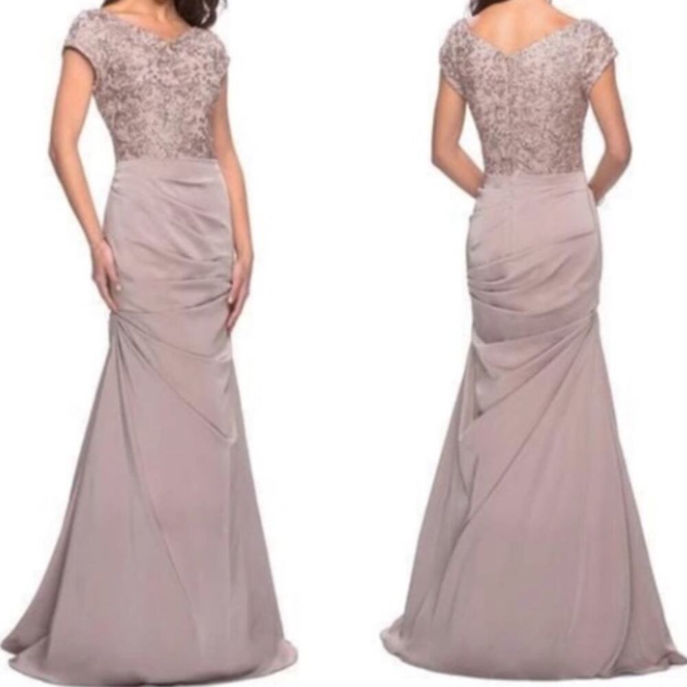 La Femme 26806 Short Sleeve Embroidered‎ Bodice Ruched Mermaid Gown in Champagne